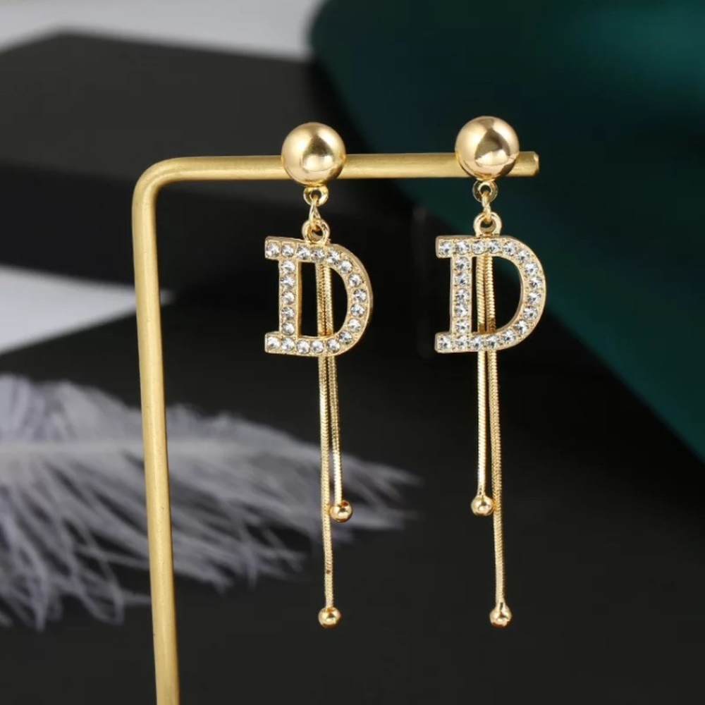Gold Tone Crystals D Earrings - Picture 2 of 5